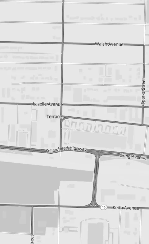 Grey map style of Terrace, BC